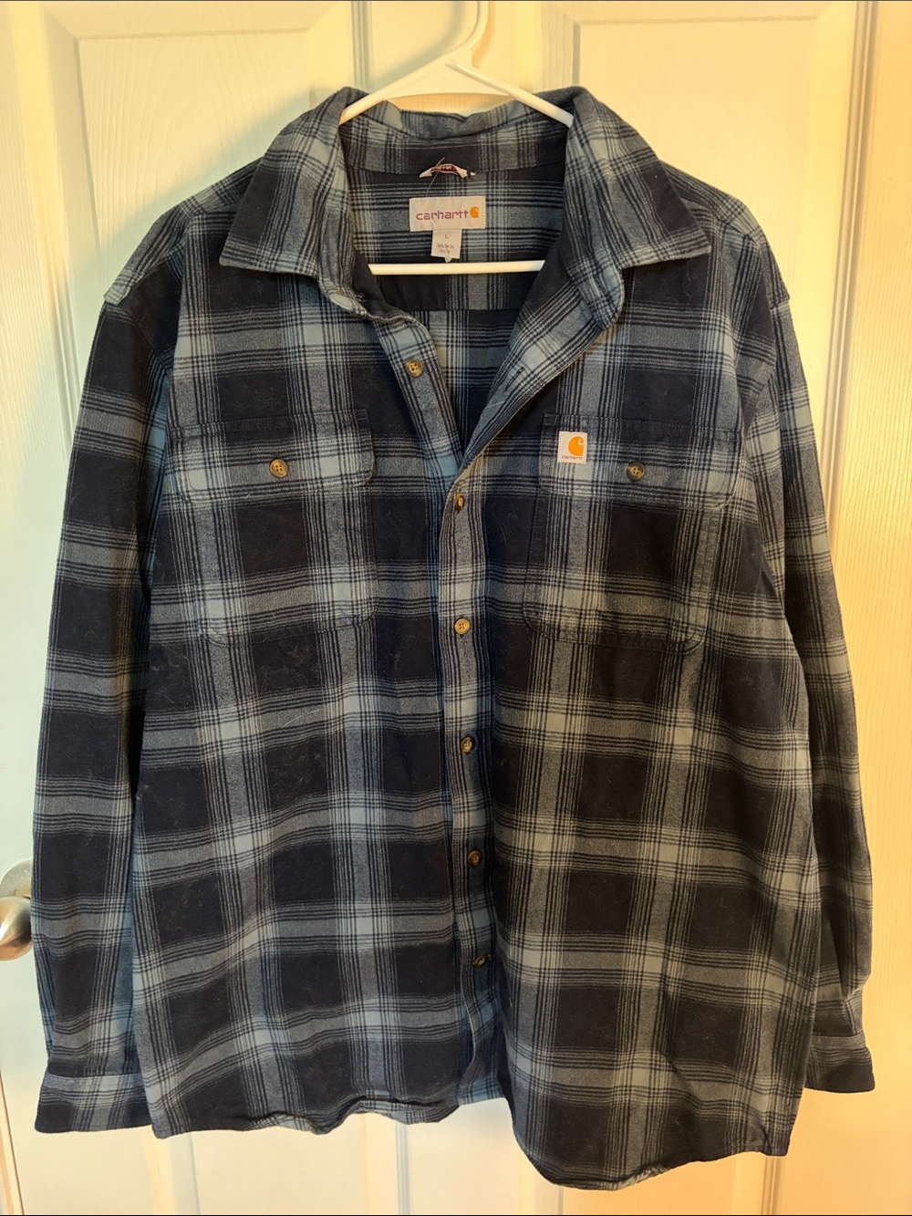 Carhartt Navy and Light Blue Plaid Button-Up Work Shirt